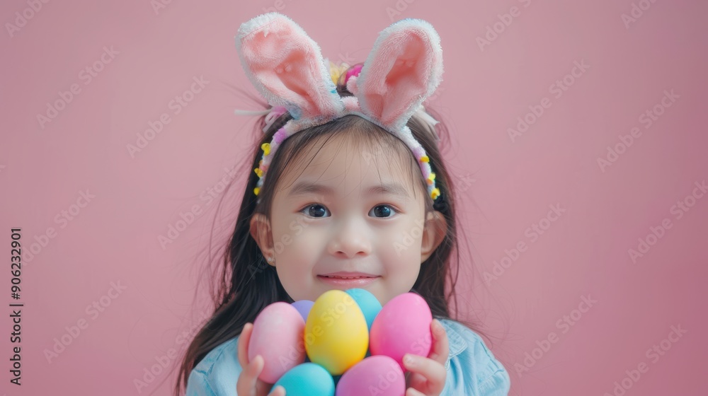 A young girl with bunny ears joyfully presents a cluster of colorful Easter eggs A young girl with bunny ears joyfully presents a cluster of colorful Easter eggs