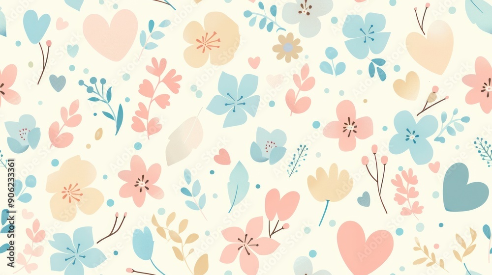 A beautiful seamless pattern for Mother's Day incorporating delicate hearts, blooming flowers, and elegant ribbons in soft pastel colors, perfect for festive decorations. A beautiful seamless pattern for Mother's Day incorporating delicate hearts, blooming flowers, and elegant ribbons in soft pastel colors, perfect for festive decorations.