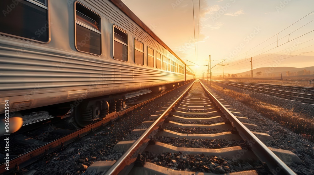 Fototapeta premium travel by train through landscapes close up, focus on, copy space sweeping views, Double exposure silhouette with journey