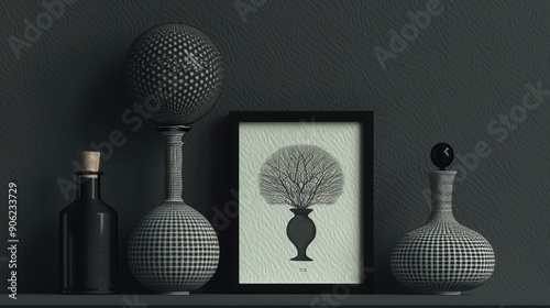 A luxurious and unusual illustration of a vase and a dark colored wall background.