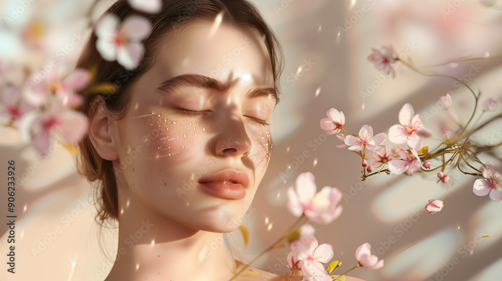 Radiant Model with Glowing Dewy Skin Against a Minimalist Background with Floating Ashwagandha Extracts Radiant Model with Glowing Dewy Skin Against a Minimalist Background with Floating Ashwagandha Extracts