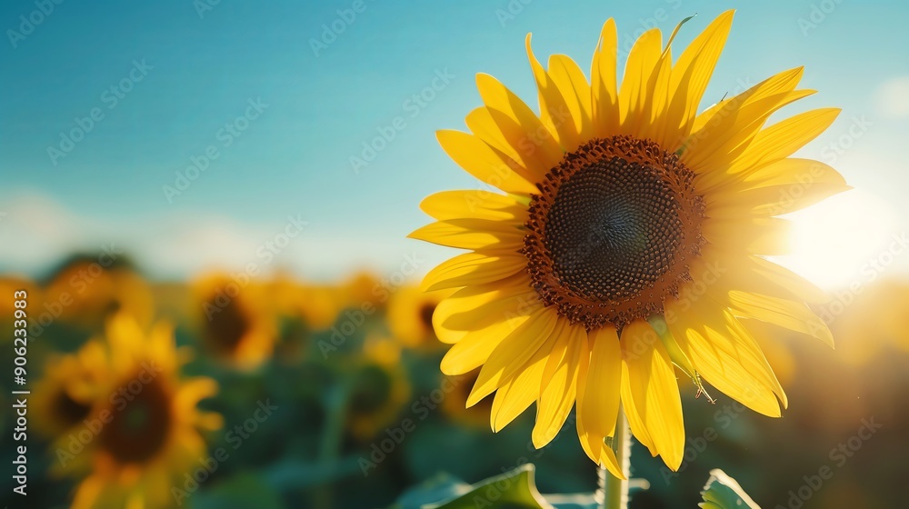 Obraz premium Sunflower field in full bloom under a clear summer sky.