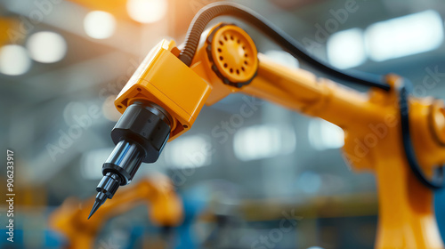 Robotic arm working on a mechanical component in a factory.