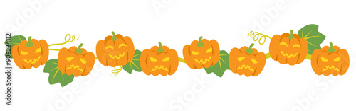 さまざまな表情のジャック・オ・ランタンをつなげたラインのハロウィン素材のベクターイラストレーション