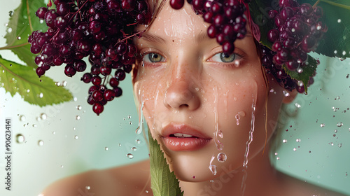 Elegant Model Featuring Dewy Radiant Skin Set Against a Minimalist Background with Floating Elderberry Extracts photo