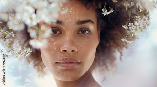 Beautiful Woman with Glowing Dewy Skin in a Soft Clean Setting Surrounded by Floating Elderberry Extracts photo