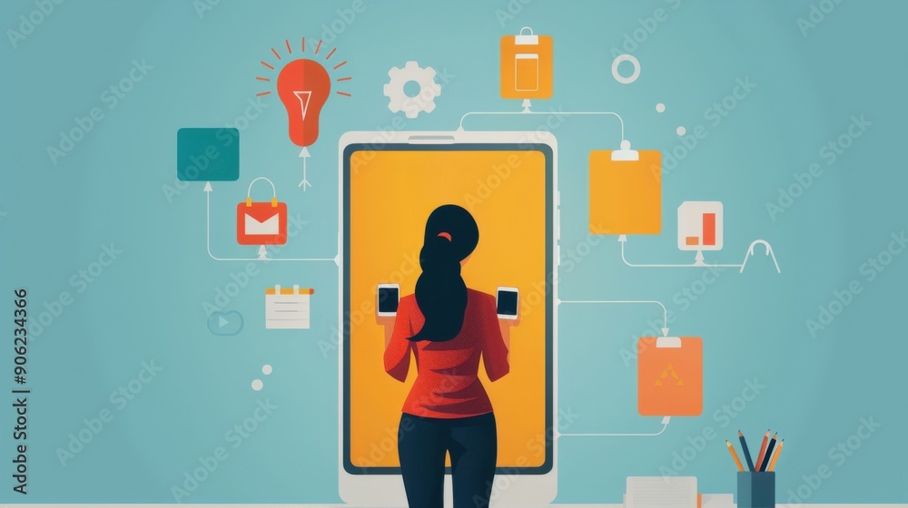 User-centered Usability, Accessibility, Experience, Interaction, Engagement, person testing user interface, flat design illustration User-centered Usability, Accessibility, Experience, Interaction, Engagement, person testing user interface, flat design illustration