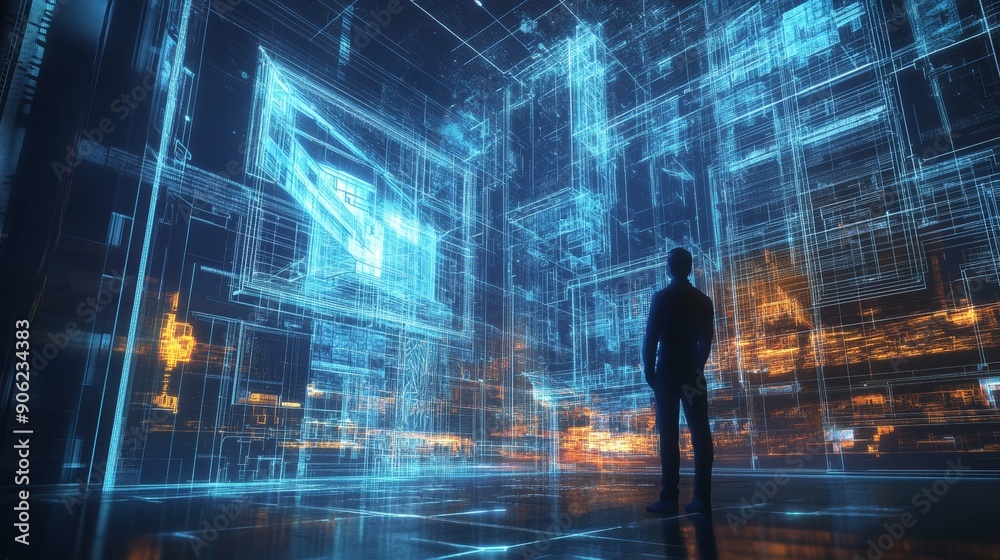 A man stands in a large, futuristic room with a blue background A man stands in a large, futuristic room with a blue background