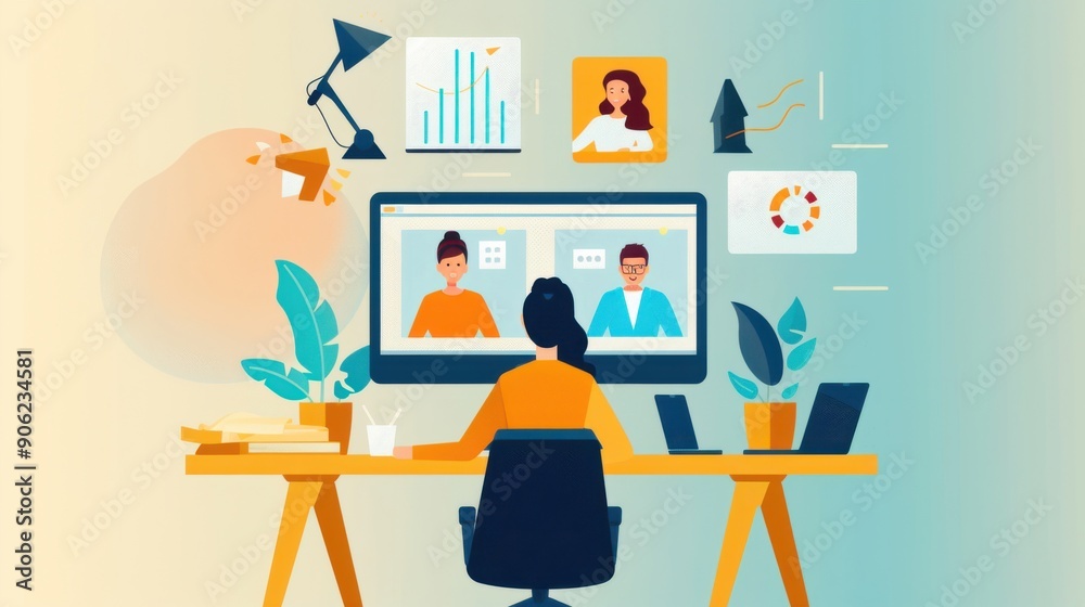 Virtual team brainstorming session on video call, remote team, online collaboration Virtual team brainstorming session on video call, remote team, online collaboration