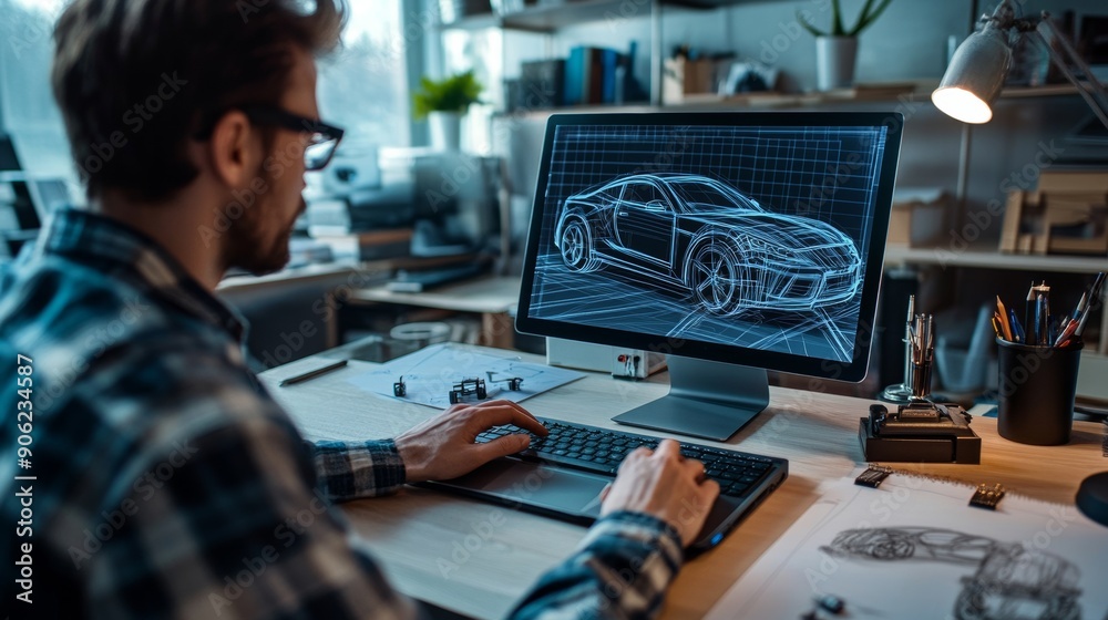 A man is working on a computer with a car design on the screen A man is working on a computer with a car design on the screen