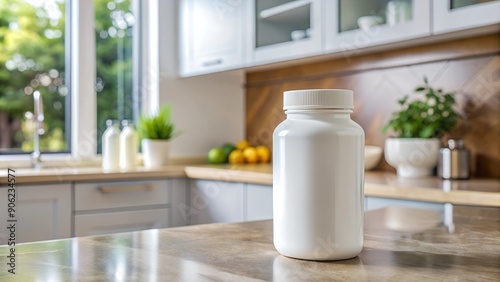 White Supplement Bottle on a Kitchen Counter - Clean and Modern Health and Wellness Concept
