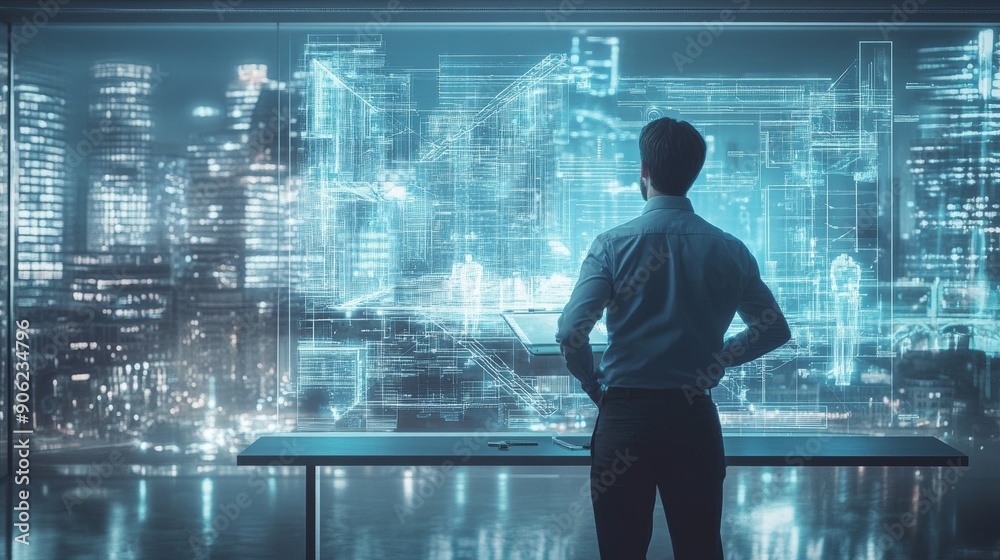 Fototapeta premium A man is standing in front of a computer monitor with a city view