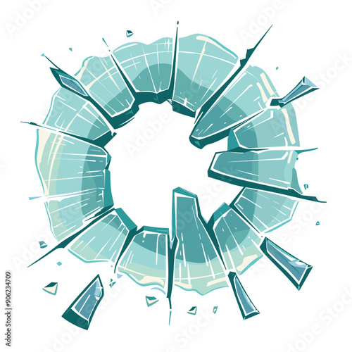 Shattered glass vector illustration representing breakage destruction. Cracks broken pieces spread out center. Light blue, transparent glass shards against isolated white background