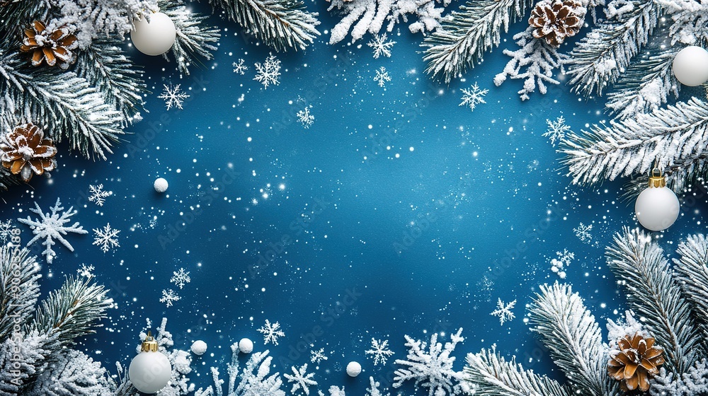 Snowy Pine Branches with Ornaments and Pinecones on Blue Background Snowy Pine Branches with Ornaments and Pinecones on Blue Background