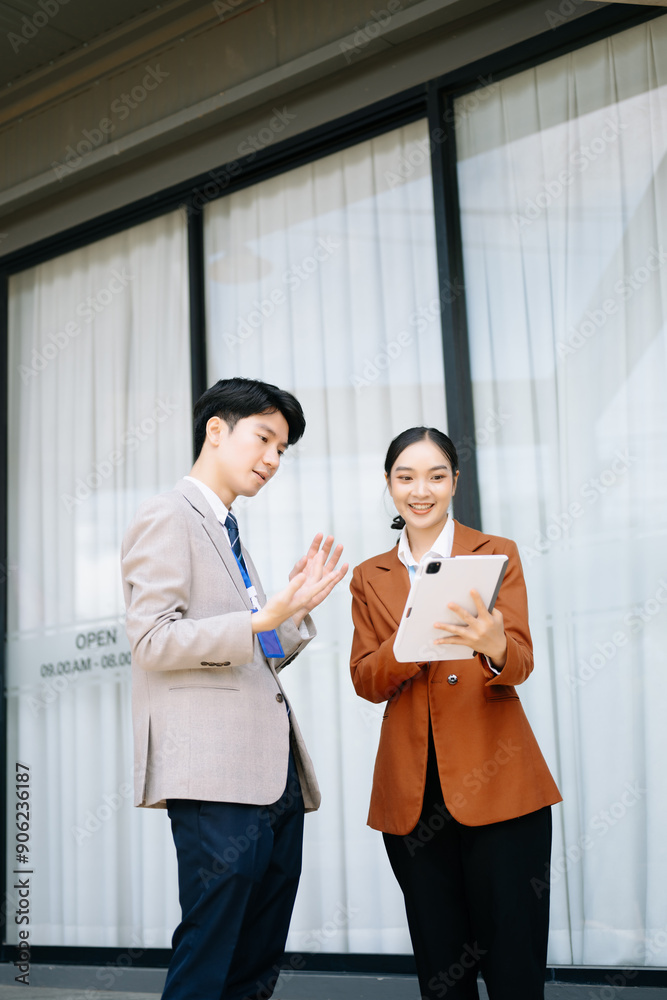 Businessman and woman going in city center in smart casual business style, talking, working together, stylish freelance people, holding coffee Businessman and woman going in city center in smart casual business style, talking, working together, stylish freelance people, holding coffee