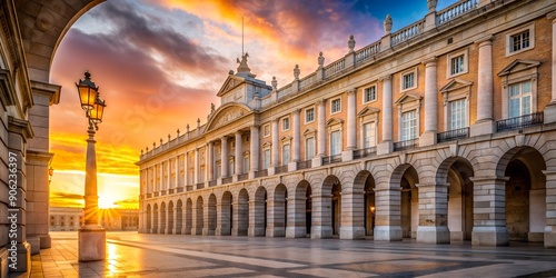 Wall with orange light of sunset shining through three arches at the Royal Palace in Madrid Spain or the Palacio Real de Madrid