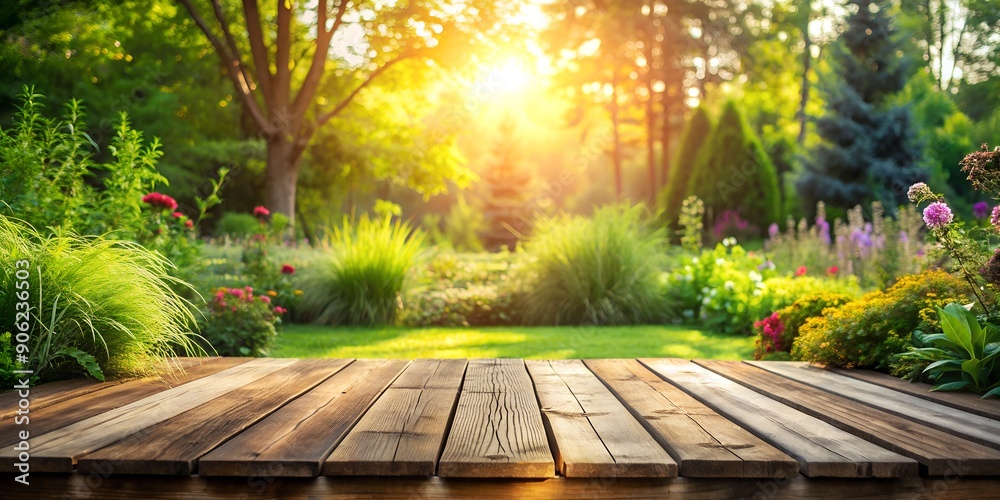 A sunlit garden with a rustic wooden platform perfect for presenting products in a serene and natural environment Generative By A sunlit garden with a rustic wooden platform perfect for presenting products in a serene and natural environment Generative By