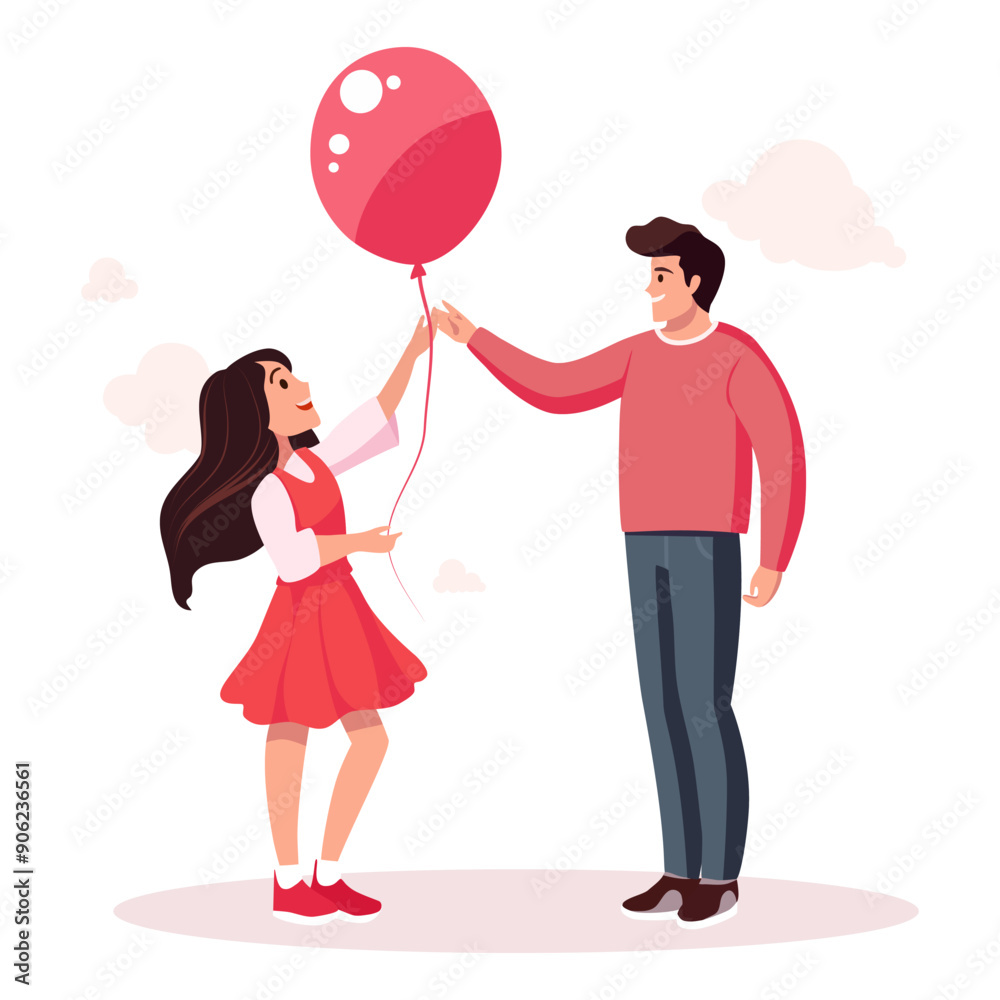 A happy girl and a man are holding balloons. Flat illustration A happy girl and a man are holding balloons. Flat illustration