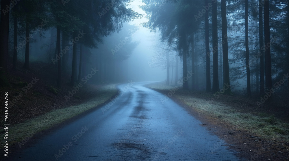Foggy Forest Road in Pine Trees Foggy Forest Road in Pine Trees