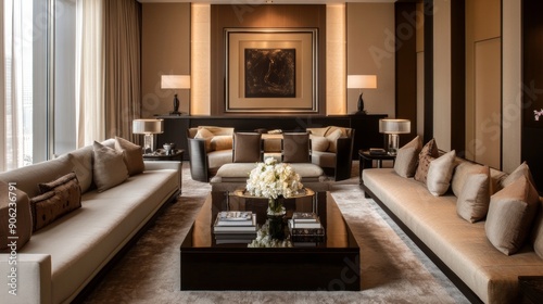 Wallpaper Mural A large living room with a black coffee table and a white couch Torontodigital.ca