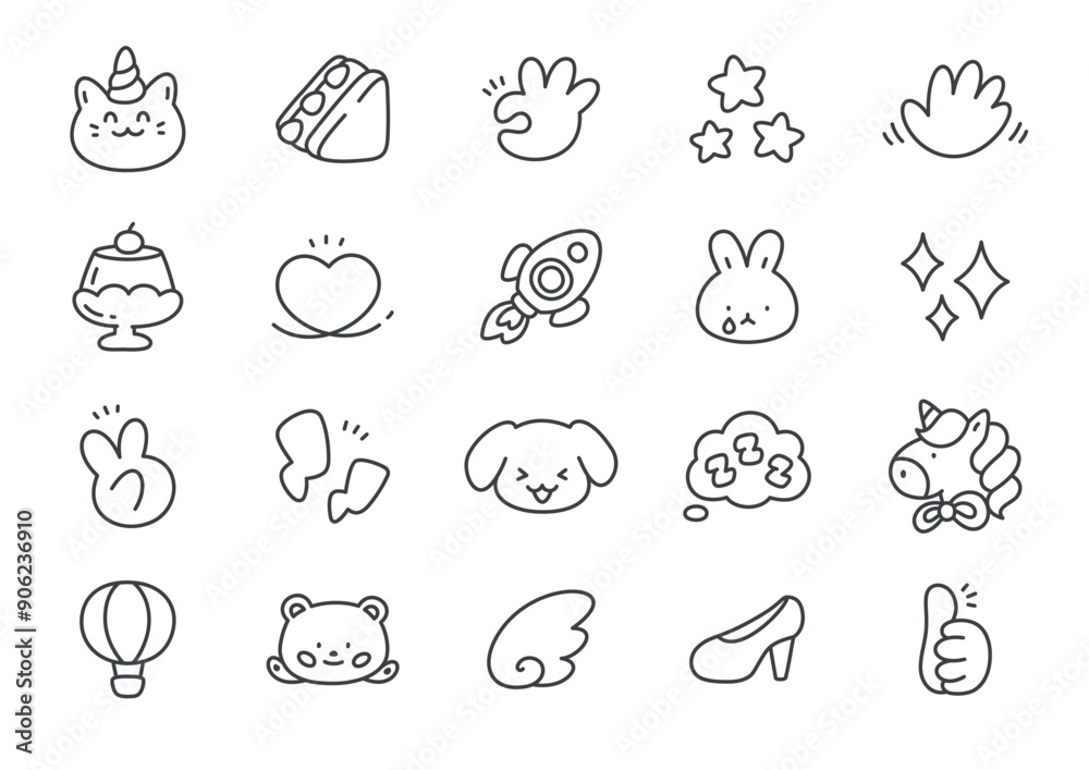 Kawaii icon set. Collection of cute hand drawn monochrome illustrations (sparkles, strawberry sandwich, space ship, little lightnings, puppy etc.) isolated on a white background. Vector 10 EPS. Kawaii icon set. Collection of cute hand drawn monochrome illustrations (sparkles, strawberry sandwich, space ship, little lightnings, puppy etc.) isolated on a white background. Vector 10 EPS.