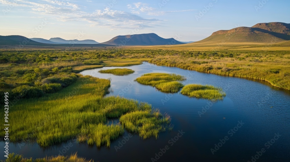 Fototapeta premium A large body of water with a green grassy area surrounding it