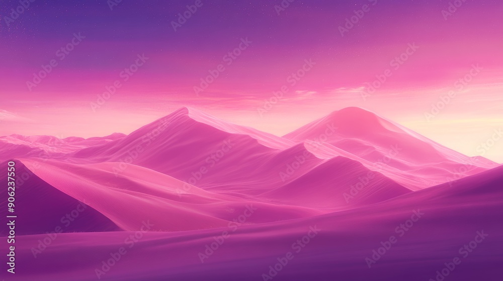 Fototapeta premium A pink and purple desert landscape with mountains in the background