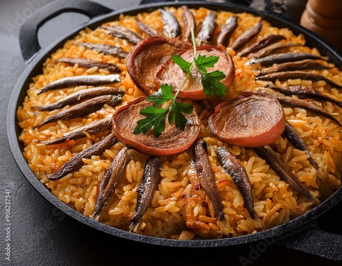 Turkey Traditional dhis an oven baked rice dish with a layer of fresh anchovies photo