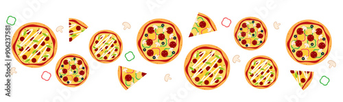 Cute border pizza decoration card or menu layout banner flat illustration 