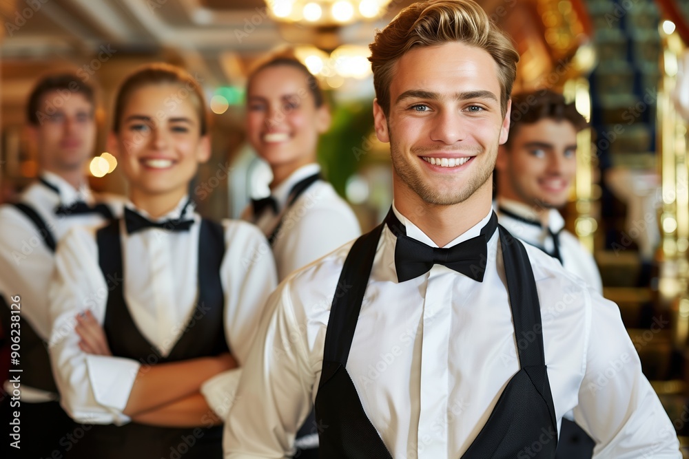 Handsome waiter smiling with team in restaurant Handsome waiter smiling with team in restaurant