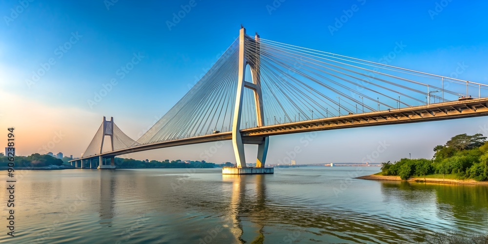 Obraz premium Vidyasagar Setu (Bridge) over river Ganges 2nd Hooghly Bridge Connects Howrah and Kolkata Longest Cable stayed bridge in India