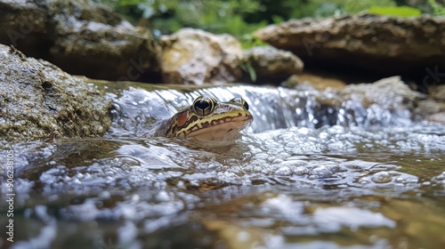 Green frog relaxing in clean water stream