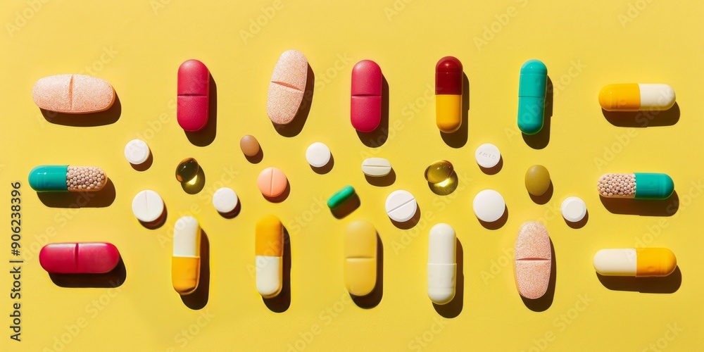 Different pills and medical instruments are arranged in an artistic pattern on a yellow background. Different pills and medical instruments are arranged in an artistic pattern on a yellow background.
