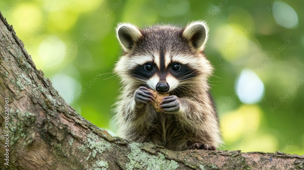 Baby raccoon eating cookie sitting on tree branch Baby raccoon eating cookie sitting on tree branch