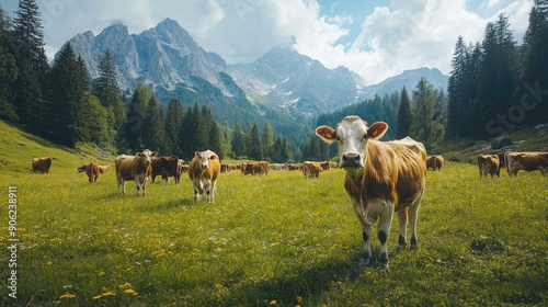 Herd of cows grazing in green pasture with mountains in background photo