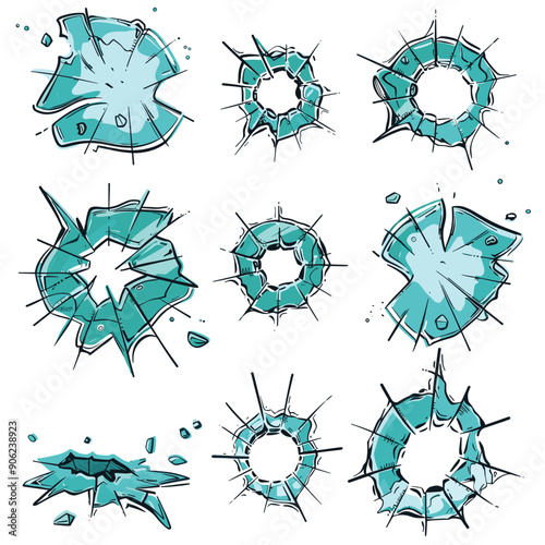 Set broken glass pieces different shapes. Shattered glass fragments flying realistic vector set. Light blue color, graphic style isolated white background