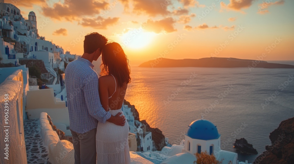 Naklejka premium Young couple embracing at sunset in santorini, greece
