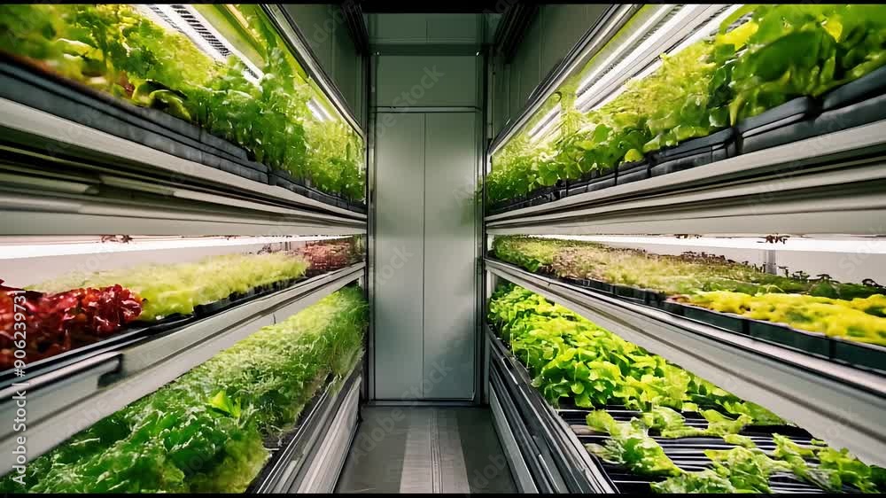 Indoor vertical farming setup with rows of lush green plants and leafy vegetables under bright LED grow lights Indoor vertical farming setup with rows of lush green plants and leafy vegetables under bright LED grow lights