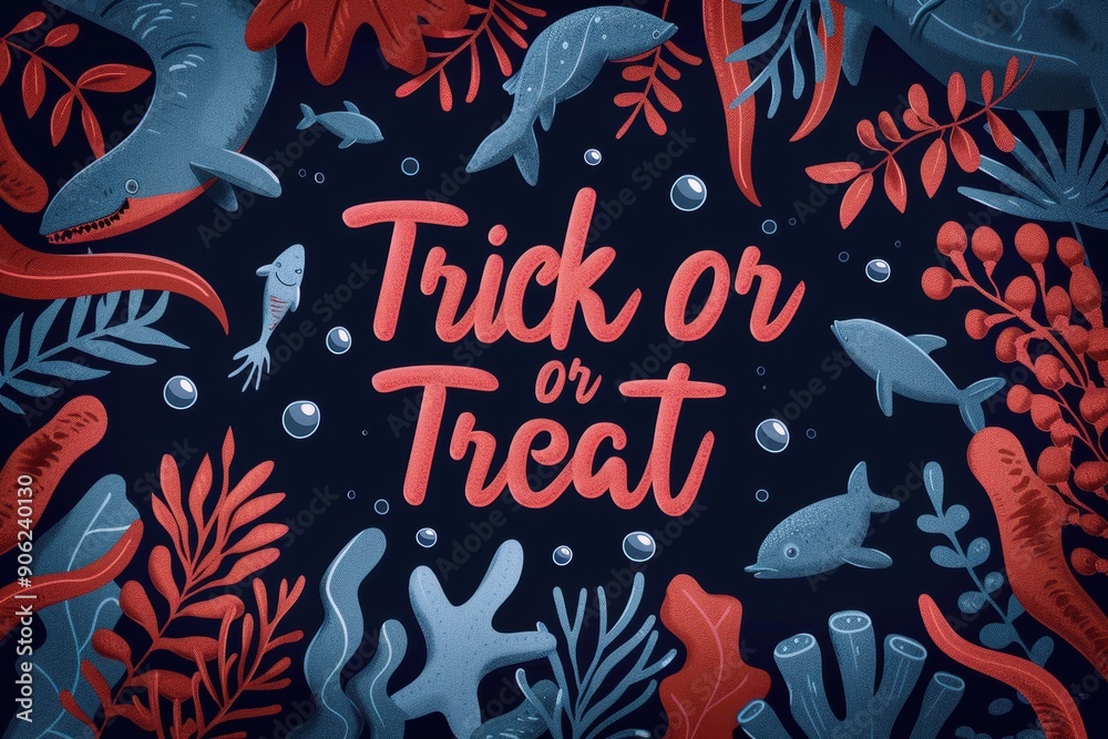 Underwater Halloween Collage: Images of underwater creatures celebrating Halloween with sea monsters, mermaids, and ocean-themed decorations. The text Underwater Halloween Collage: Images of underwater creatures celebrating Halloween with sea monsters, mermaids, and ocean-themed decorations. The text