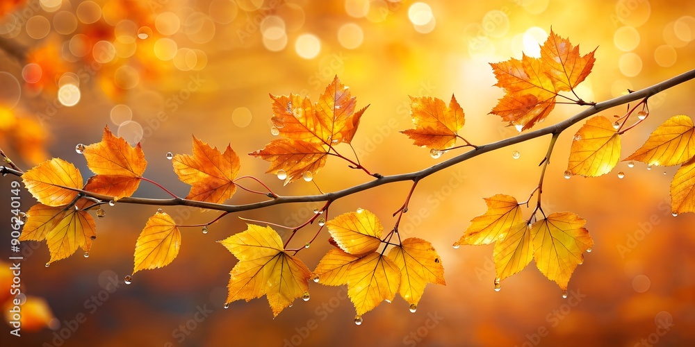 Fototapeta premium Autumn yellow orange leaves on branch with morning dew water drops on front blue sky Creative AI