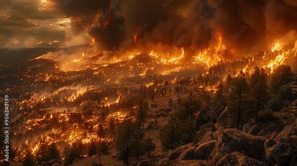Fototapeta premium A dramatic scene of a massive forest fire consuming a mountainous landscape. The flames, fueled by dry vegetation, illuminate the dark sky with an intense orange glow.