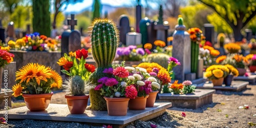 Wallpaper Mural Colorful flowers and cacti on a grave in a cemetery Creative AI Torontodigital.ca