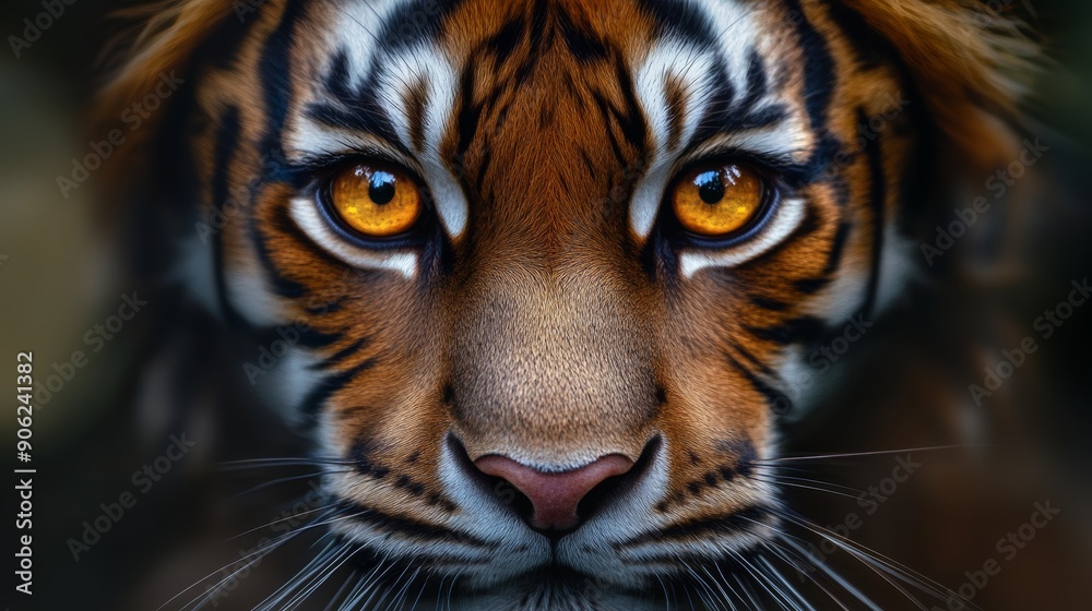 A tiger with a yellow eye staring at the camera A tiger with a yellow eye staring at the camera
