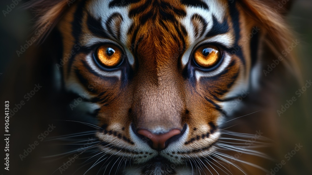 Fototapeta premium A tiger with yellow eyes staring at the camera