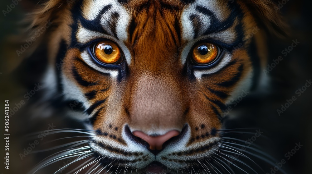 Fototapeta premium A tiger with a yellow eye staring at the camera