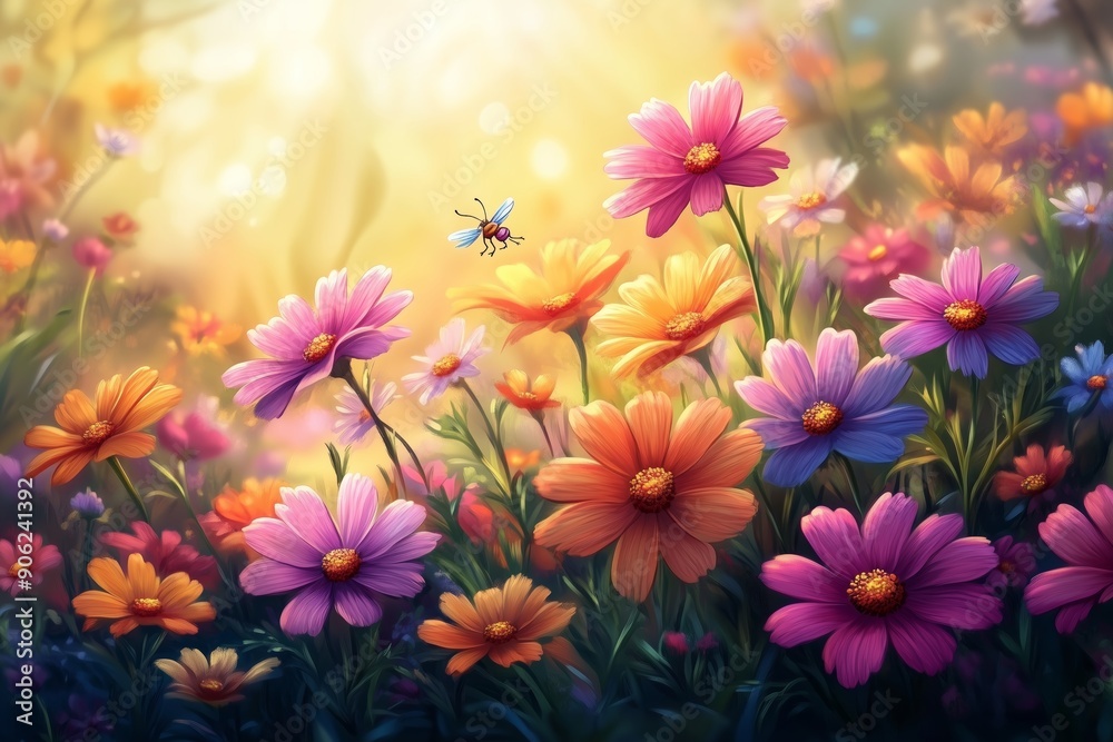 A vibrant and enchanting wildflower meadow bathed in the golden light of sunrise. A vibrant and enchanting wildflower meadow bathed in the golden light of sunrise.