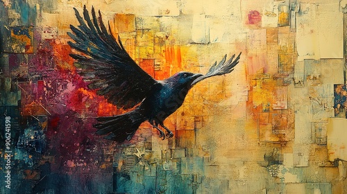 Wallpaper Mural Abstract Painting of a Black Bird in Flight Against a Textured Background Torontodigital.ca