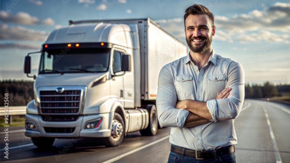 Smiling Truck Driver with Semi-Truck on Open Road
Smiling Truck Driver with Semi-Truck on Open Road