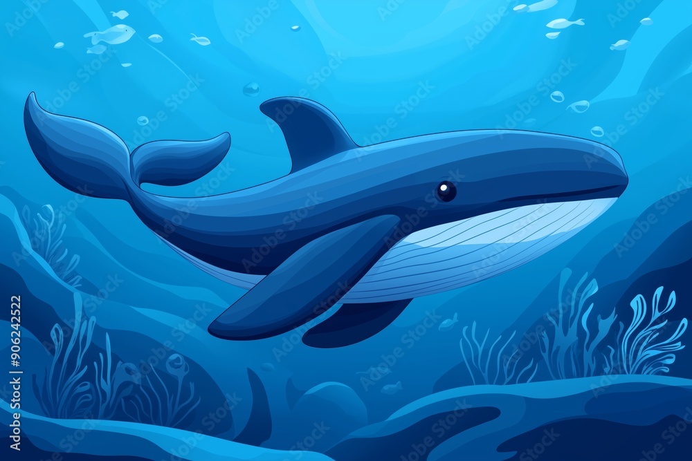 Obraz premium illustration of a majestic blue whale swimming gracefully in the deep blue ocean. 