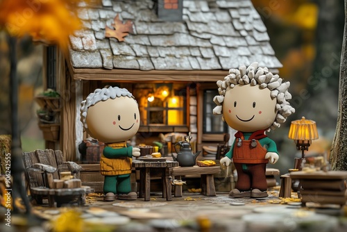 A heartwarming scene featuring two charming, round-headed figurines dressed in autumn attire, sitting outside a rustic wooden cabin. 